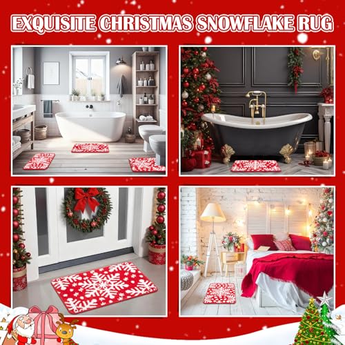 Nuanchu Christmas Snowflake Bathroom Rug Set - Red Non-Slip Holiday Bath Mats