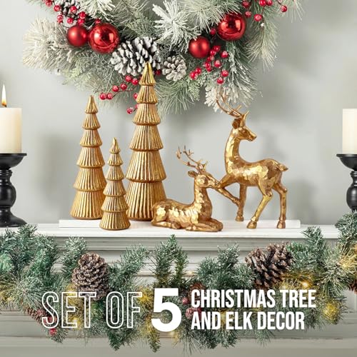 Reindeer Christmas Decoration and Mini Trees Set - Rose Gold Holiday Tabletop Decor