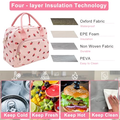 Beurlike Strawberry Pink Insulated Lunch Bag - Corduroy Tote for Work & Picnic