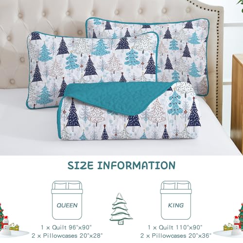 Queen Christmas Quilt Set Blue Xmas Tree 3-Piece Bedding with Pillow Shams - Queen Size