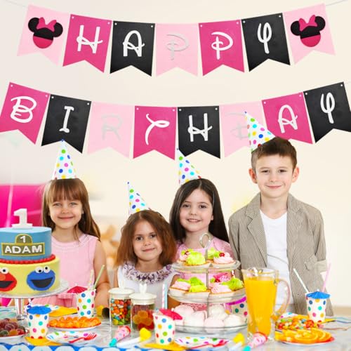 Pink Happy Birthday Banner - Pre-strung Felt Mouse Ear Party Decoration