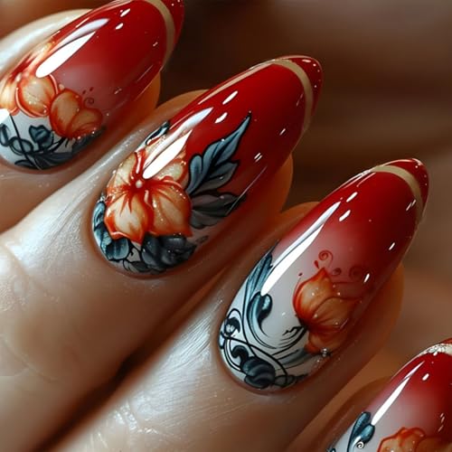 IMSOHOT Medium Almond Press on Nails Red Orange Flower Glossy Acrylic Fake Nails