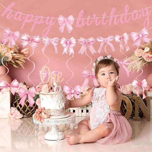 Pink Bow Birthday Party Decorations Set with Banner and Hanging Swirls