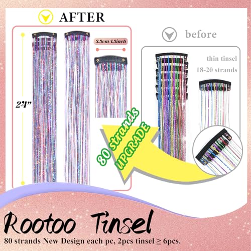 Rootoo Clip-In Hair Tinsel Extensions - 24 Inch Colorful Fairy Hair Glitter Strands