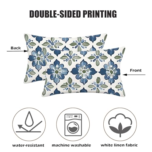Tile Floral Lumbar Pillow Cover 12x20 Inch - Blue & Green Design