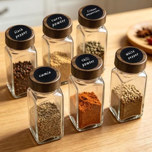 ZUFECY 4oz Square Glass Spice Jars with Airtight Acacia Wood Lids - 6 Pack