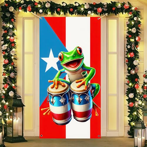 BlissYard Puerto Rico Door Cover 35x71 Inch Frog Drum Banner