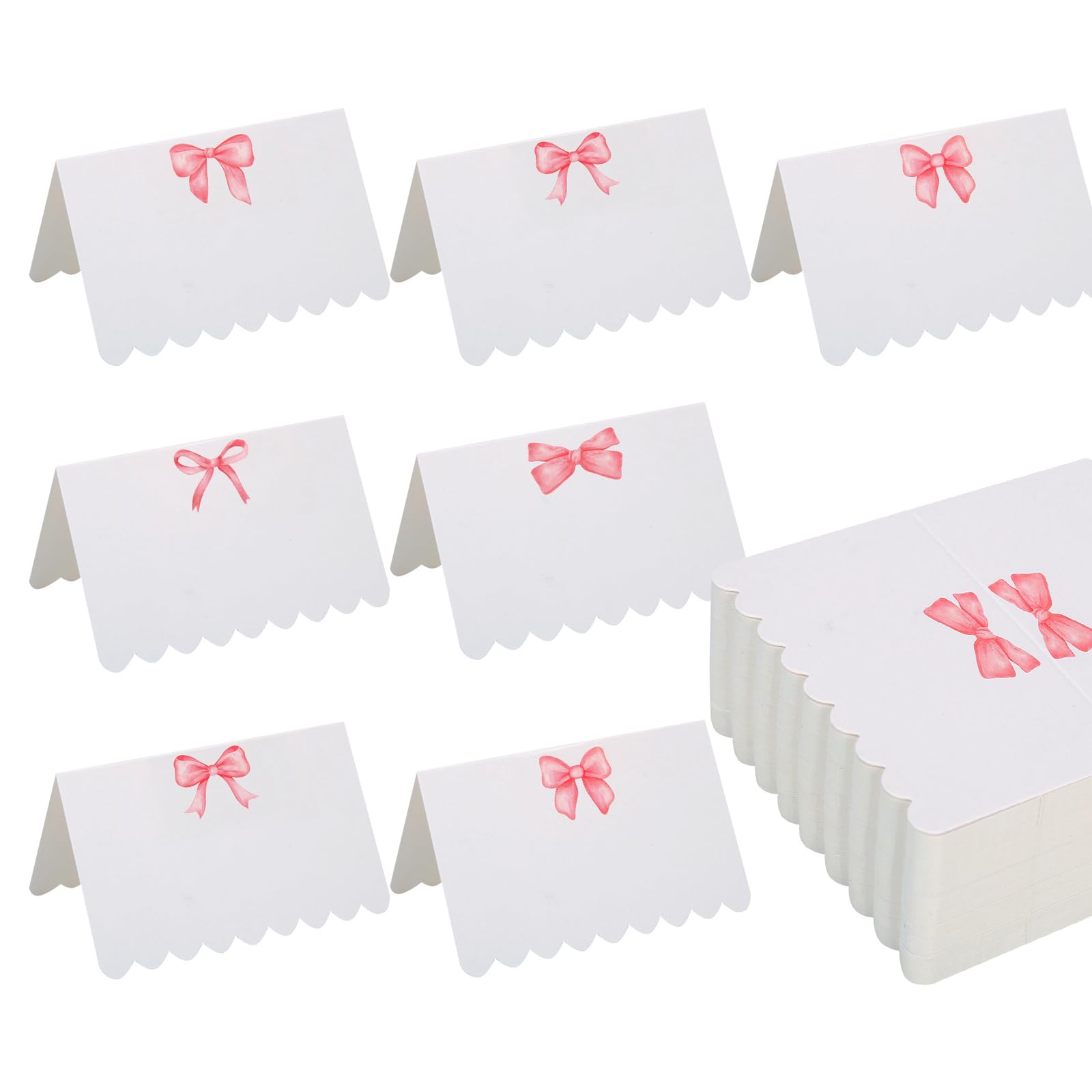OIPKKUI 100Pcs Pink Bow Place Cards, 2.54 x4 Inch Cute Bow Knot Tent Name Cards 5 Designs Blank Seat Assignment Label Cards for Birthday Party Wedding Coquette Setting (Pink-5 pattern)
