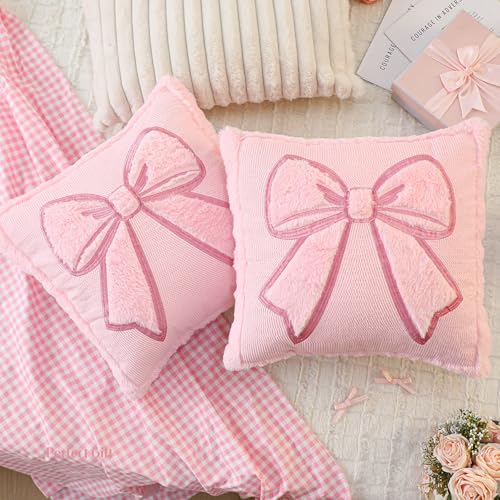 Pink Bow Throw Pillow Covers 18x18 - Set of 2 Faux Fur Coquette Decor