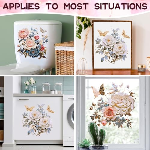 DRWSSR Gold Peony Butterfly Toilet Seat Lid Stickers - Removable Bathroom Decals (Set of 3)