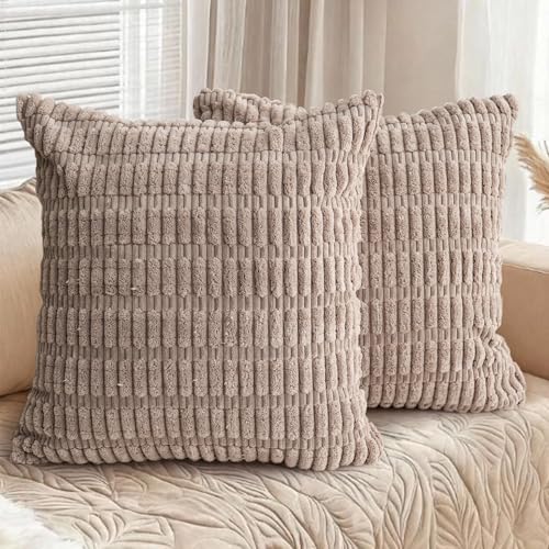 Light Brown Corduroy Throw Pillow Covers 18x18 Inch 2 Pack - Soft Boho Decorative Cushions