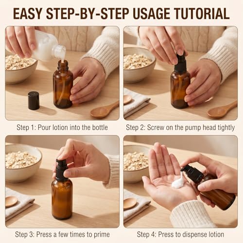 QUUPY 3-Pack 30ml Amber Glass Pump Bottles for Lotion and Essential Oils