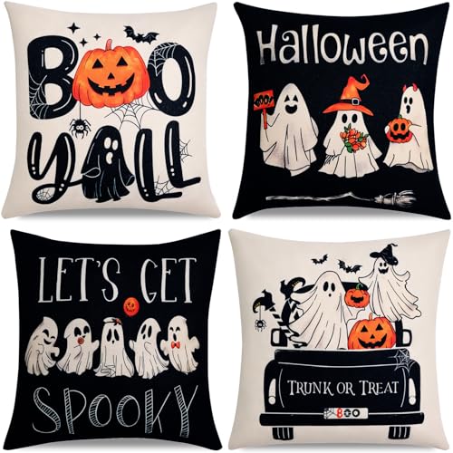 Black Halloween Ghost Throw Pillow Covers Set of 4 18x18” - Spooky Gothic Linen Decor