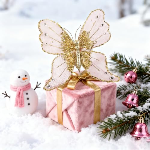 Pink Glitter Butterfly Christmas Ornament with Clip
