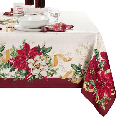 Poinsettia Garlands Tablecloth 144 x 60 Inches - Holiday Decor