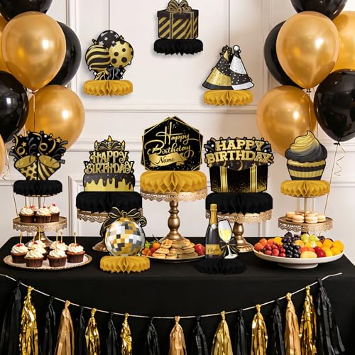 Black Birthday Decorations Set - Black and Gold Honeycomb Centerpieces