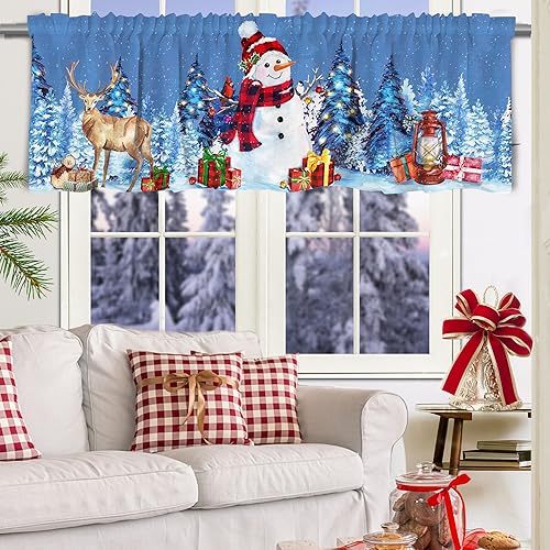 Christmas Snowman Kitchen Curtains Set - Blue, 54"W x 36"L, Pack of 3