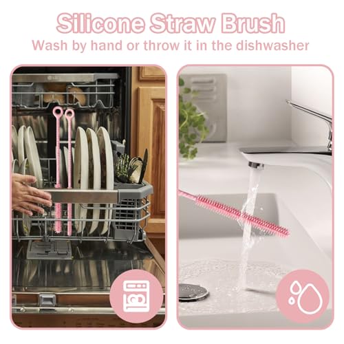Pink 2-Pack Silicone Straw Cleaner Brush - Extra Long 12.6in Reusable Glass & Metal Straw Cleaner - Flexible, Soft, Anti-Slip Handle