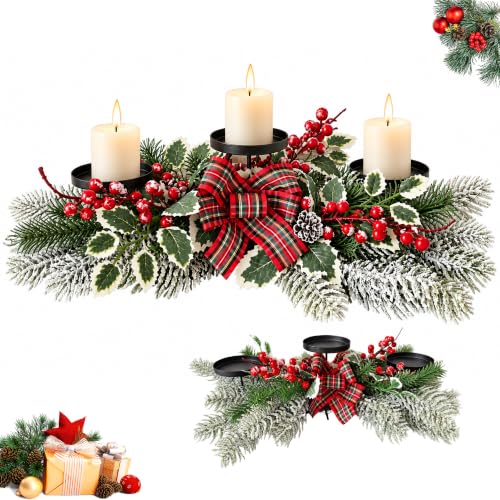 24 Inch Christmas Centerpiece with Candles, Pine Sprigs & Faux Snow