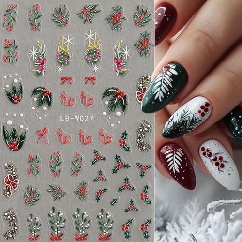 Christmas Nail Art Stickers 3D Embossed Winter Holiday Decals 4 Sheets