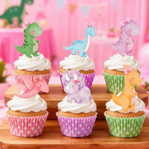 Pink Dinosaur Cupcake Toppers 36 Pcs for Girl's Birthday & Baby Shower