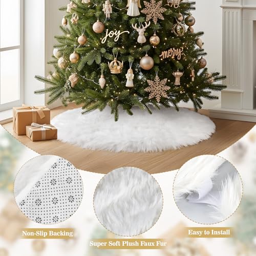 White Faux Fur Christmas Tree Skirt 48 Inch Plush Snow White Holiday Decor