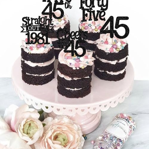 30PCS Happy 45th Birthday Cupcake Toppers Glitter Black Picks