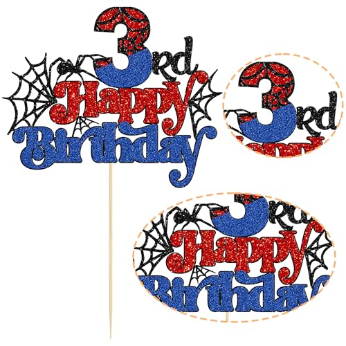 Spider Happy 3rd Birthday Cake Topper - Glitter Red & Blue Party Decor