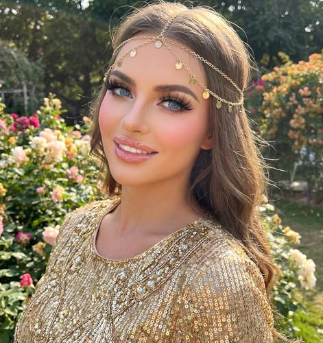 Gold Head Chain Sequin Boho Layered Hair Piece for Women