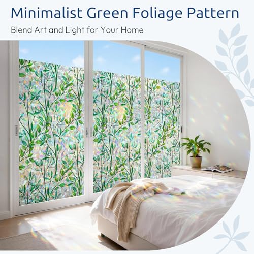 rabbitgoo Rainbow Window Privacy Film - Iridescent Green Foliage, 17.5" x 78.7" - UV Protection & Heat Control