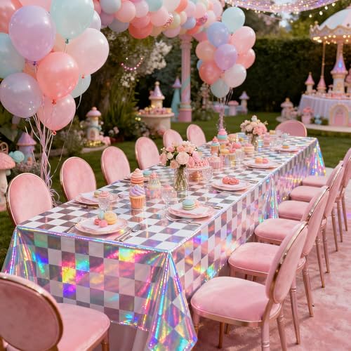 3 Pack Pink Iridescent Checkered Tablecloths - 54 x 108 Inch