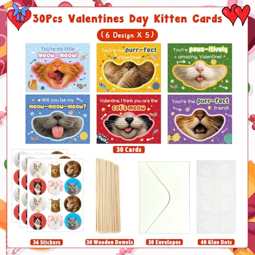 30 Cute Kitten Valentine's Day Cards for Kids with Envelopes & Stickers