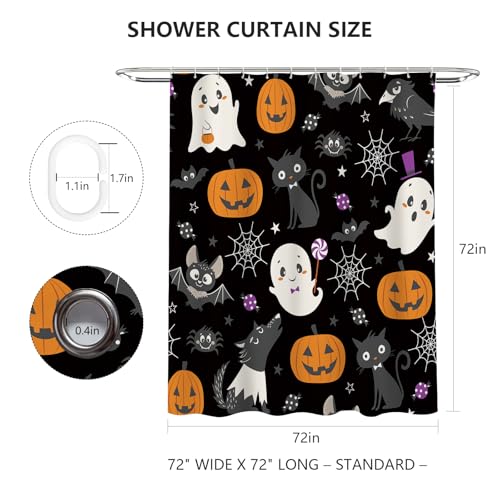 MEHOFOND Black Halloween Shower Curtain - Skull & Bat Design, 72x72 in