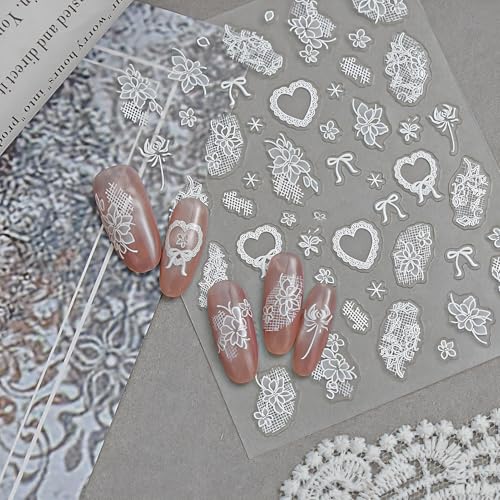 Winthrop 3D White Lace Nail Decals - Rose & Butterfly Bridal Stickers