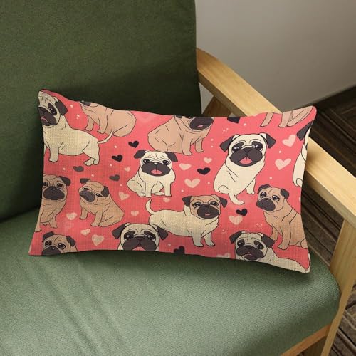 Funny Cartoon Pug Throw Pillow Cover - 12x20 Inches Cotton Linen