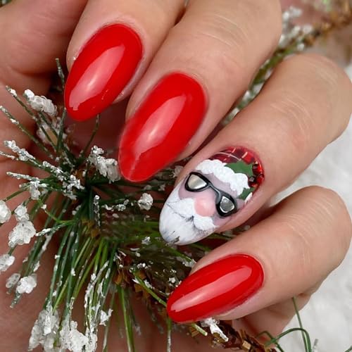 Christmas Press On Almond False Nails Red Glossy Winter Holly Designs