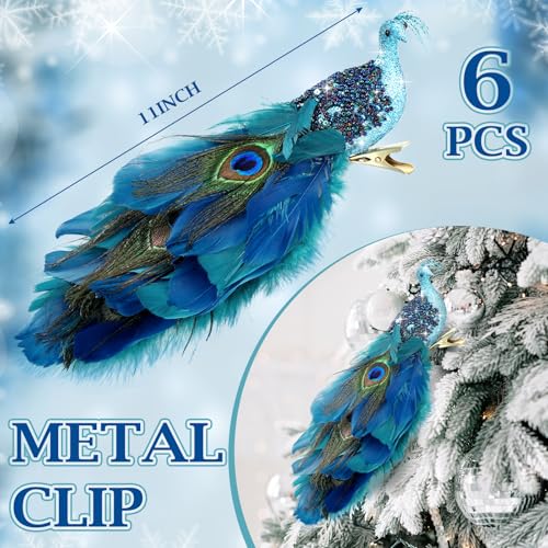6 Classic Style Peacock Christmas Tree Ornaments with Feathers - Holiday Decorations