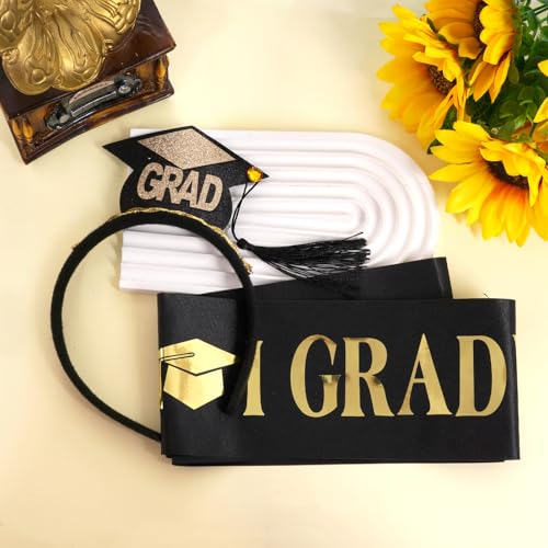Graduation Cap Headband and Sash Set Black Gold Glitter Party Accessory