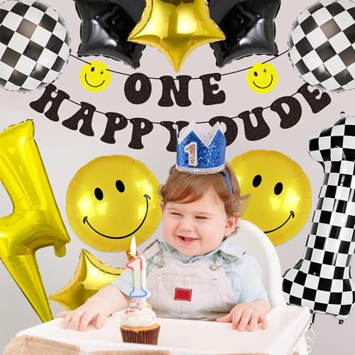24 Pcs One Happy Dude Birthday Balloon Kit - Modern Black, Gold & Checkered Party Decorations