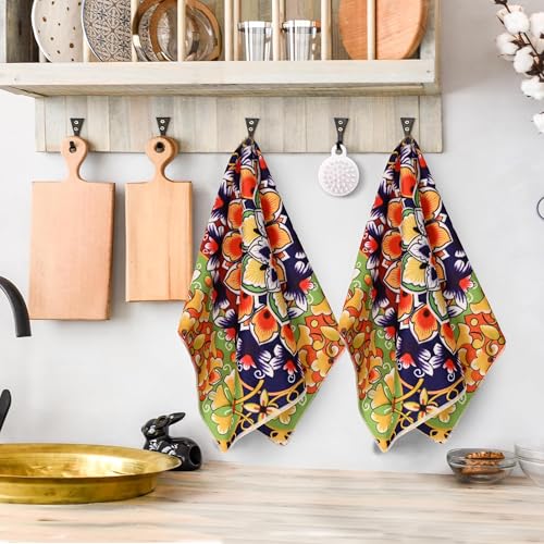 Bohemian Floral Kitchen Towels Set of 2 - Absorbent Cotton Dish Cloths