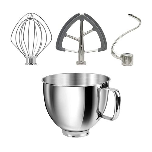Stainless Steel Replacement Parts 5QT Bowl and 3 Pieces Attachments Wire Whip, Flat Beater with silicone edges, Dough Hook,Compatible with KitchenAid 4.5-5 Qt Tilt Head Stand Mixer K45, K45SS