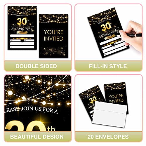 30th Birthday Party Invitations with Envelopes Black Gold 20 Pack