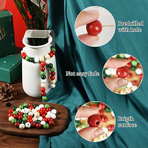 Christmas Wooden Beads 240 Pack - Natural, Red, Green & White Craft Beads for DIY Decorations