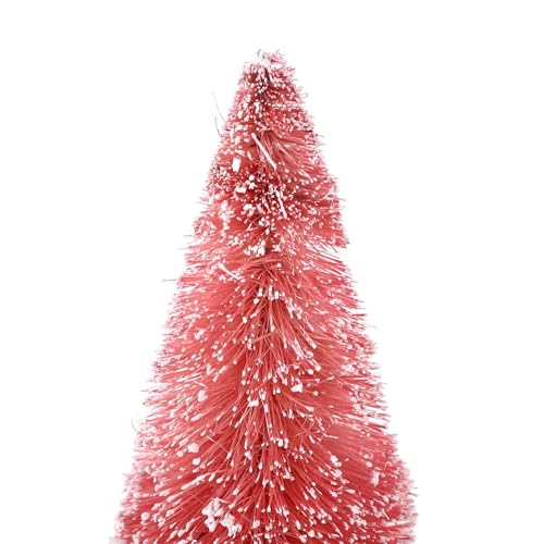 Mini Christmas Tree Set - 8 Pink Bottle Brush Trees with Snow & Wooden Base