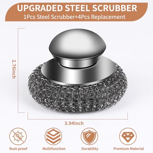 VinYankee Stainless Steel Wool Scrubber with Handle - 1 Handle & 4 Pads