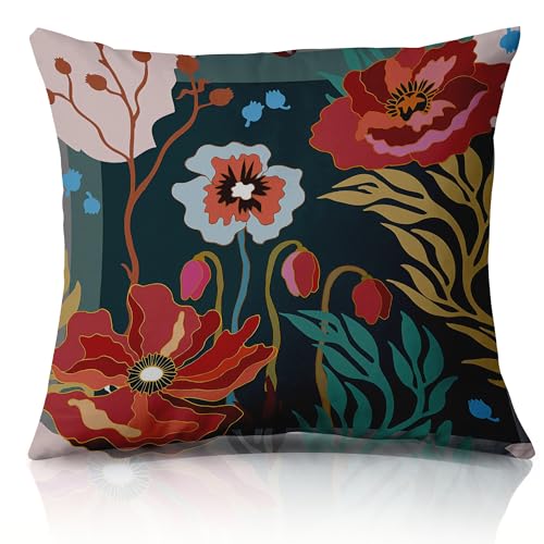 Poppy Floral Pillow Cover Red 18x18 - Bohemian Modern Art Style