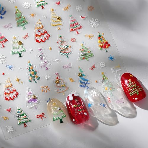 SHUXILIN 5D Embossed Christmas Tree Nail Stickers Self-Adhesive Holiday Decals