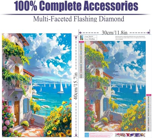 NebuIuxe 5D Diamond Painting Kit, Mediterranean Coastal Scene 12x16 Inch