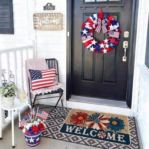 Patriotic Daisy Welcome Doormat 17x29 Inch - Non-Slip Indoor/Outdoor