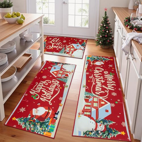 Santa and Snowman Christmas Kitchen Rugs Set of 3 - 1'8" x 4'11" Runner